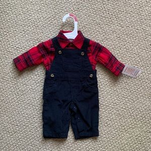 NWT newborn flannel shirt and black corduroy overalls